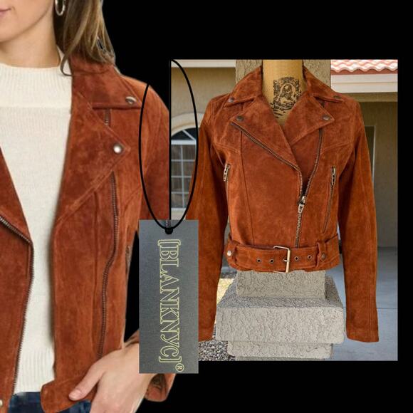 Blank NYC Rust Leather Suede Silver Hardware Attached Belt Moto Jacket Size L - Picture 1 of 7
